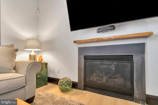 interior space with a glass covered fireplace, baseboards, and wood finished floors