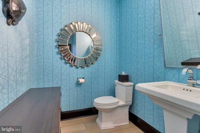 bathroom with baseboards, toilet, and wood finished floors