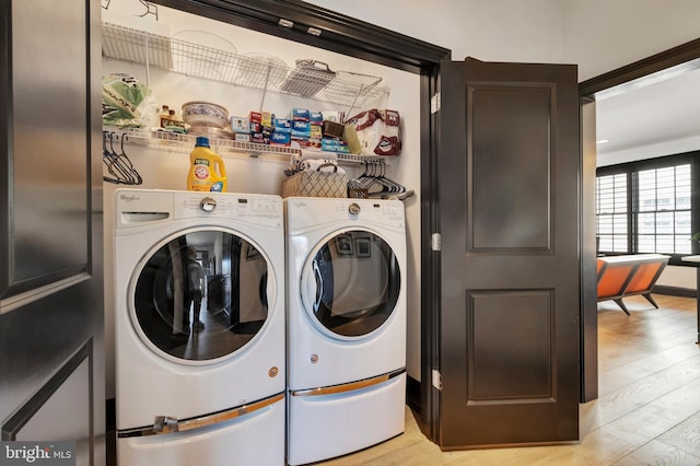 washroom featuring laundry area, washing machine and dryer, and wood finished floors