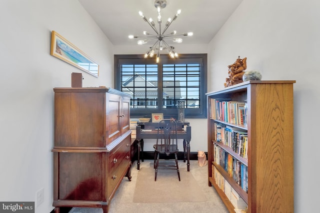 office featuring a chandelier and light carpet