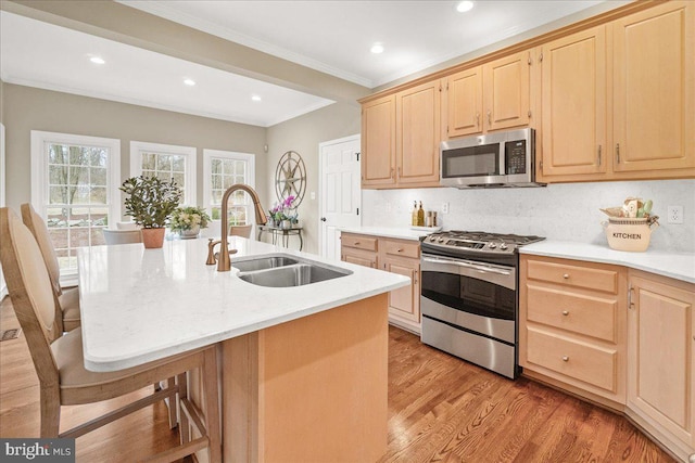 kitchen with stainless steel appliances, light brown cabinetry, a kitchen bar, and a sink