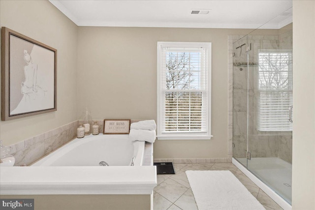 full bath featuring a bath, a shower stall, visible vents, and crown molding