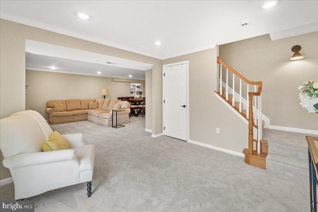 carpeted living area with ornamental molding, stairway, recessed lighting, and baseboards