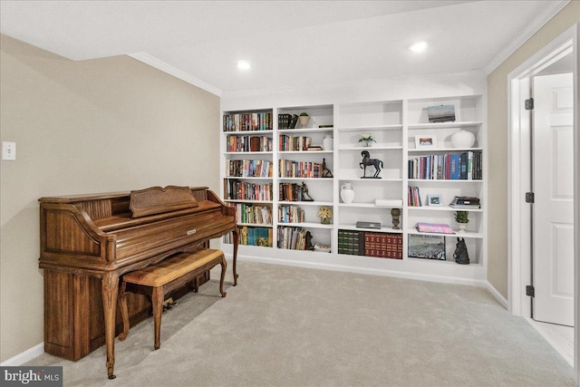 living area featuring ornamental molding, carpet, recessed lighting, and baseboards