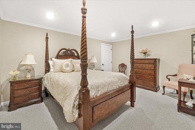 bedroom with light carpet, recessed lighting, baseboards, and crown molding