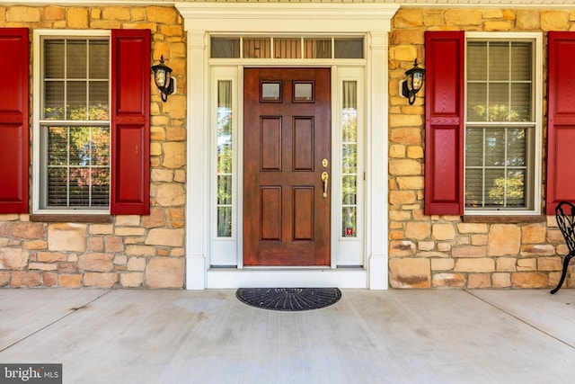 doorway to property with stone siding