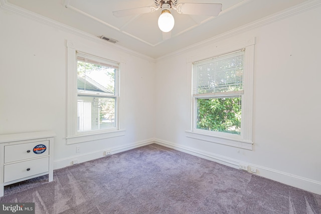 carpeted spare room featuring a ceiling fan, visible vents, baseboards, and crown molding