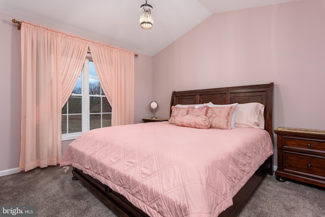 bedroom with lofted ceiling, carpet flooring, and baseboards