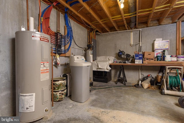 unfinished basement featuring electric water heater