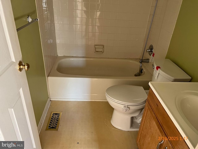 full bath with toilet, shower / bath combination, visible vents, and vanity