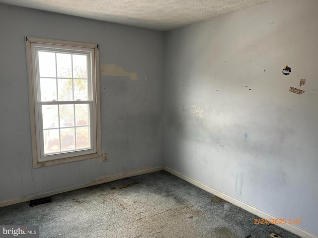 carpeted empty room with a textured ceiling, baseboards, visible vents, and a healthy amount of sunlight