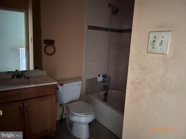 full bath with toilet, tile patterned flooring, tub / shower combination, and vanity