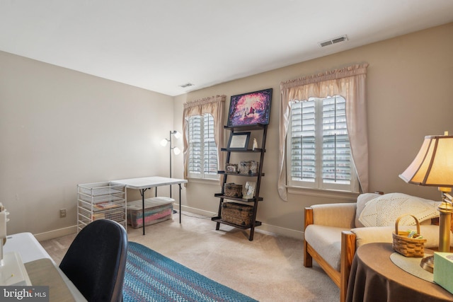 carpeted office space with visible vents, plenty of natural light, and baseboards