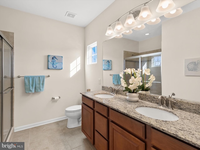 full bathroom with toilet, a sink, visible vents, and a shower stall