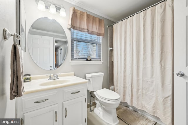 full bathroom with shower / bathtub combination with curtain, toilet, ornamental molding, and vanity