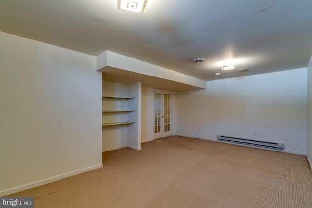 interior space featuring visible vents, baseboards, french doors, light colored carpet, and baseboard heating