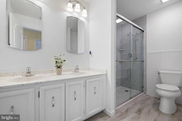 bathroom featuring toilet, a stall shower, double vanity, and a sink