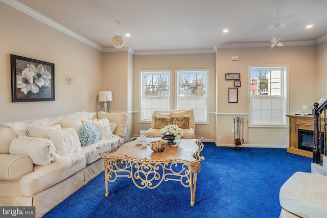 living room featuring recessed lighting, baseboards, dark carpet, and ornamental molding