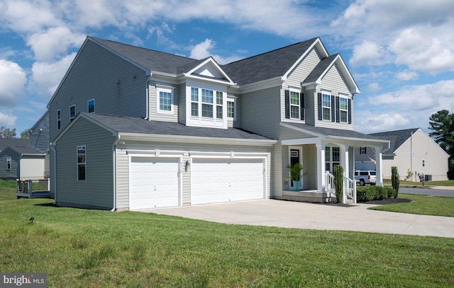 traditional-style home with an attached garage, a front lawn, a porch, and concrete driveway