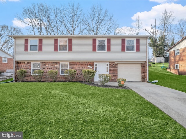 view of front of home featuring concrete driveway, a garage, brick siding, and a front yard