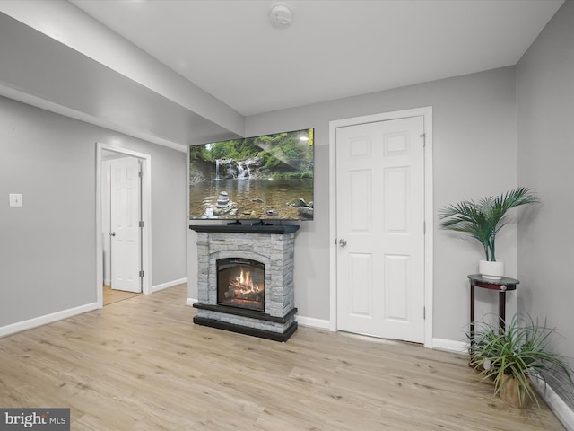 living room with a fireplace, wood finished floors, and baseboards