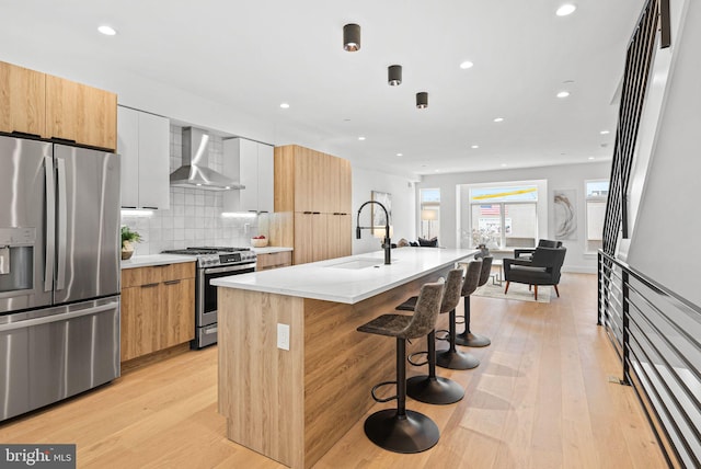 kitchen featuring appliances with stainless steel finishes, modern cabinets, wall chimney range hood, and a sink