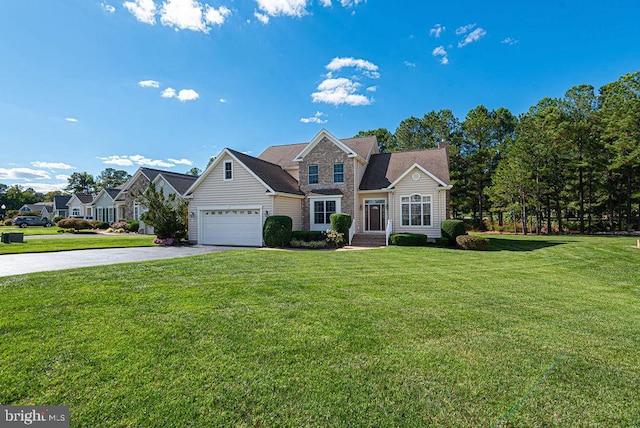 traditional home featuring driveway, a chimney, and a front yard