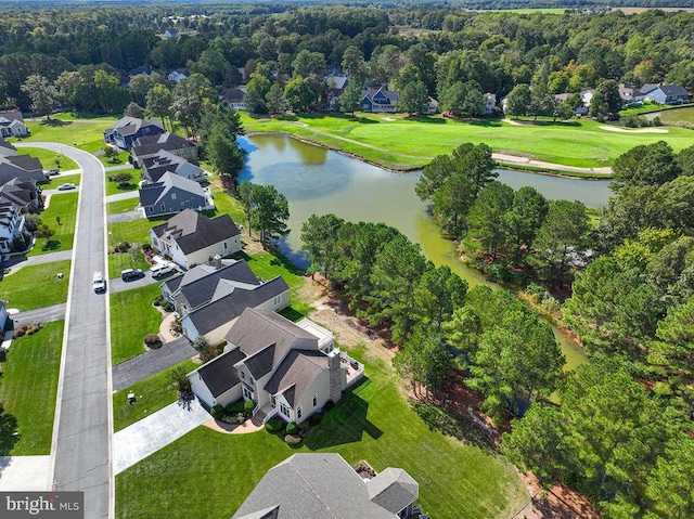 aerial view with a water view and a residential view