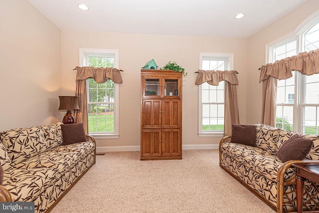 carpeted living room featuring a wealth of natural light and baseboards