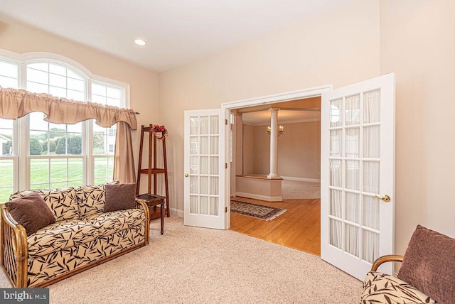 living area featuring baseboards, wood finished floors, carpet, french doors, and recessed lighting