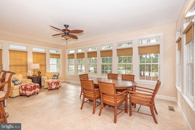 sunroom with plenty of natural light, visible vents, and a ceiling fan