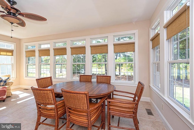 sunroom with ceiling fan and visible vents