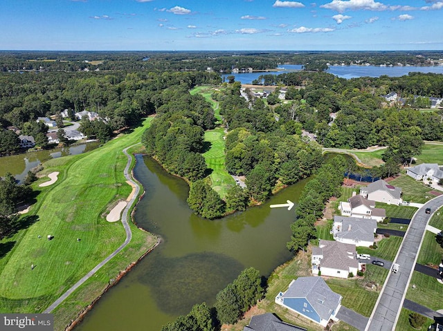 drone / aerial view featuring a water view and a wooded view