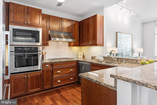 kitchen featuring dark wood-style floors, appliances with stainless steel finishes, a sink, a peninsula, and under cabinet range hood