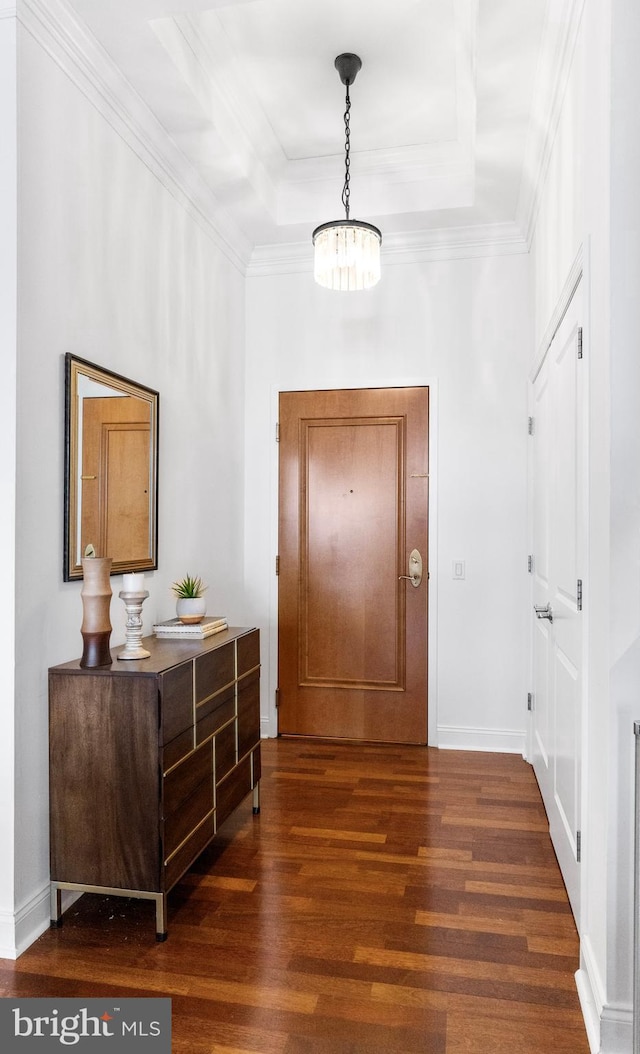 foyer featuring baseboards, dark wood-type flooring, a raised ceiling, and a notable chandelier