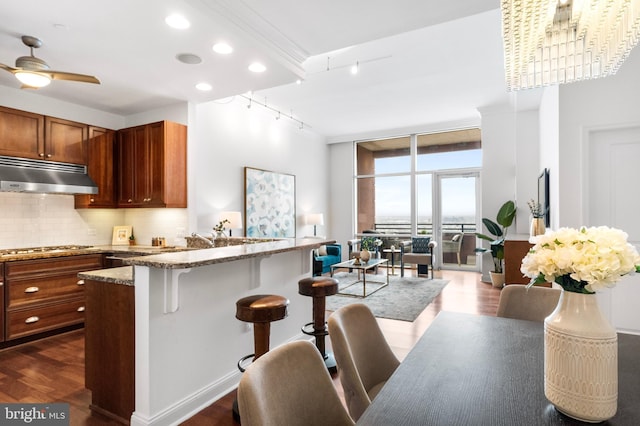 kitchen with a breakfast bar area, under cabinet range hood, dark wood-style floors, tasteful backsplash, and a wall of windows