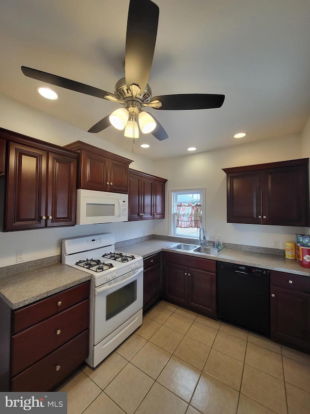 kitchen featuring recessed lighting, light tile patterned flooring, a sink, ceiling fan, and white appliances