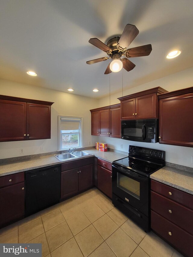 kitchen with light tile patterned floors, recessed lighting, a ceiling fan, a sink, and black appliances