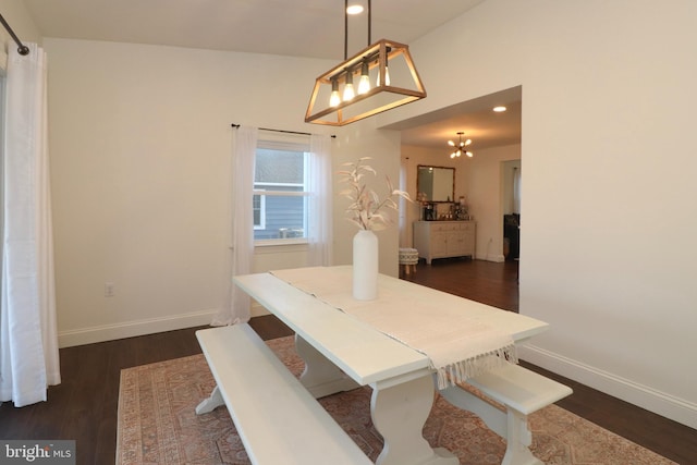 dining area featuring baseboards, dark wood-style flooring, and recessed lighting