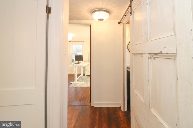 corridor featuring dark wood-style flooring