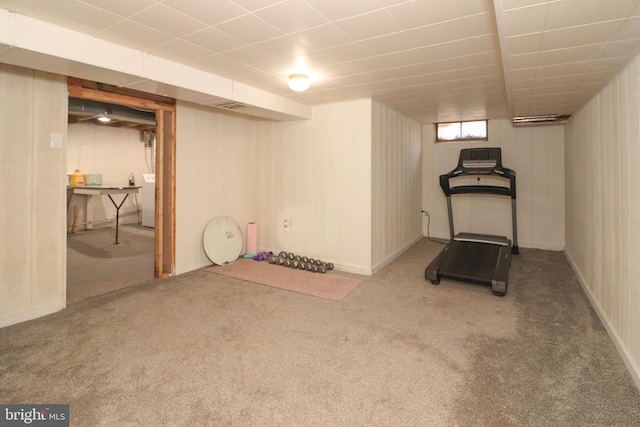 exercise area featuring washer / clothes dryer and carpet flooring