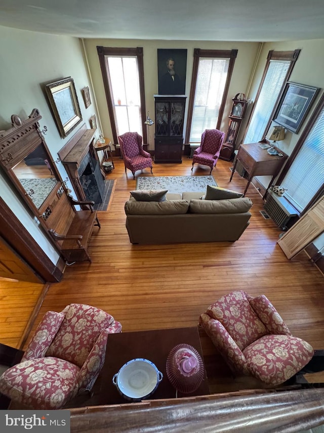 living area with a fireplace with flush hearth and wood finished floors