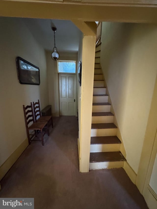 staircase with carpet flooring and baseboards