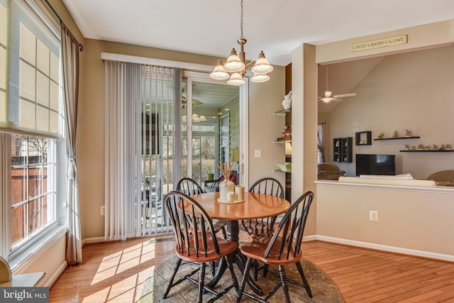 dining space with light wood-style flooring, ceiling fan with notable chandelier, and baseboards