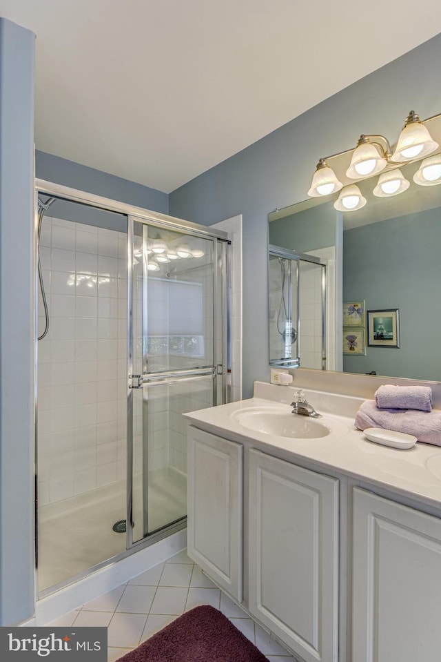 bathroom featuring tile patterned flooring, vanity, and a stall shower