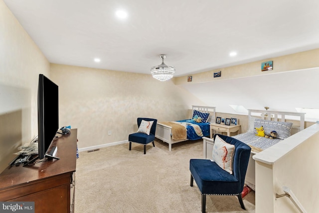 carpeted bedroom with recessed lighting, visible vents, and baseboards