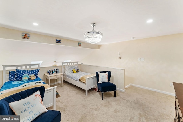 carpeted bedroom with baseboards, a chandelier, and recessed lighting