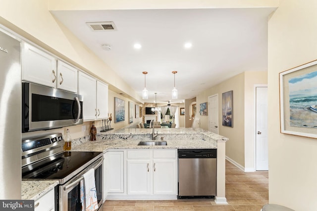 kitchen featuring visible vents, white cabinets, appliances with stainless steel finishes, a peninsula, and a sink