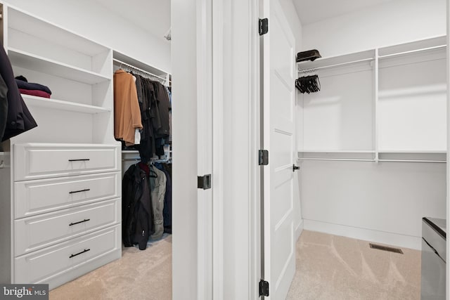 spacious closet featuring visible vents and light colored carpet