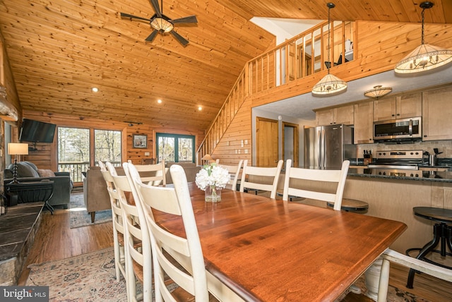 dining space featuring high vaulted ceiling, wood ceiling, wood walls, and wood finished floors